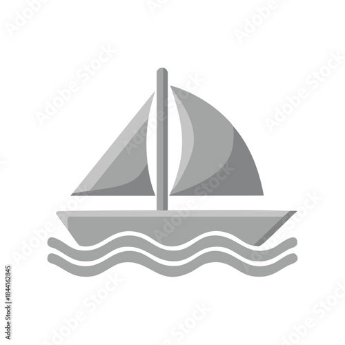 Stylized sailboat graphic navigates wavy sea in muted grays with soft shadows, representing adventure and recreation on open water.