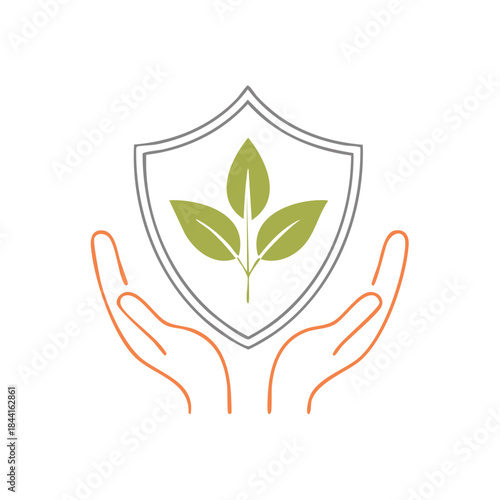 Hand Protection of Green Plant with Shield, Linear Design of Natural Life, Symbol of Environment Safety and Care