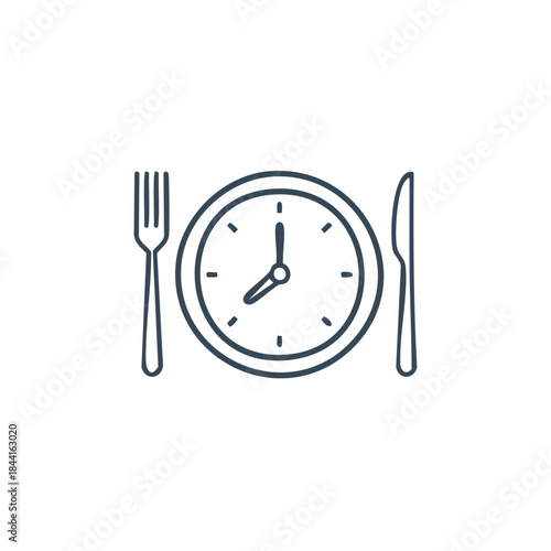 Time to Eat Concept Plate with Clock Face between Fork and Knife Line Icon