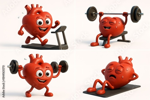 Happy cartoon hearts running, lifting weights, and exercising for strong cardiovascular health and endurance on white background