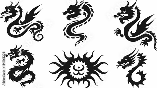 Dragon tattoo designs tribal art vector set chinese mythical beast silhouettes graphic elements for printing