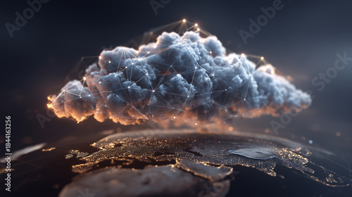 Futuristic Cloud Computing Concept with Digital Network Connections Above a Global Map Representing Data Transfer and Technology Innovation