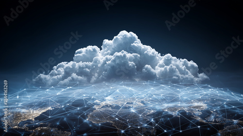 Futuristic Cloud Computing Concept with Digital Network Connections Above a Global Map Representing Data Transfer and Technology Innovation