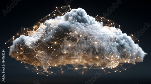 Futuristic Cloud Computing Concept with Digital Network Connections Above a Global Map Representing Data Transfer and Technology Innovation