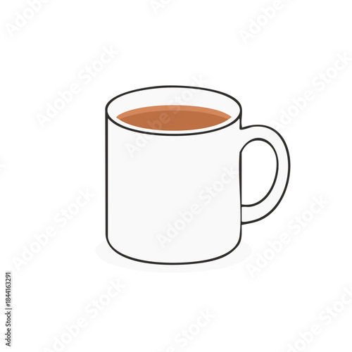Single white coffee mug with hot drink for breakfast or coffee break, minimalist design and simple drawing