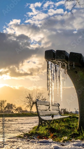 A frosty winter scene features an empty bench adorned with icicles, set against a glowing, cloudy sky. Sunlight peaks through