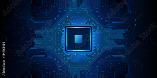 Abstract blue circuit board pattern with a central processing unit design