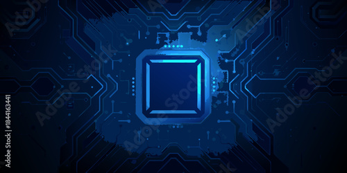 Abstract blue circuit board with a central processor and hexagonal patterns