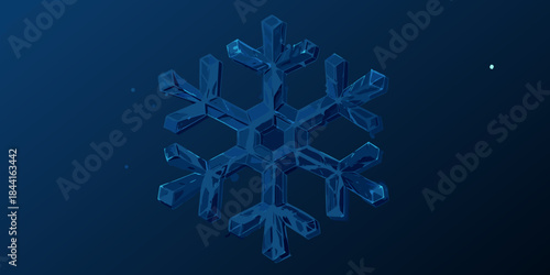 A detailed polygonal blue snowflake illustration against a dark background