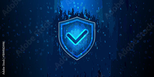 Digital security shield with checkmark symbol amidst flowing binary code streams