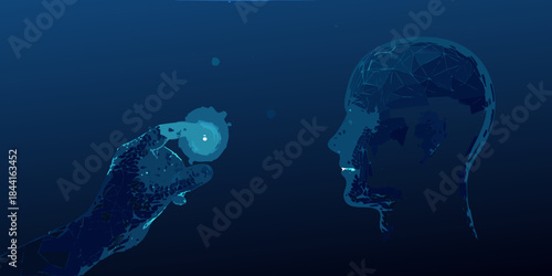 A digital illustration displaying a hand holding a glowing heart towards a human head