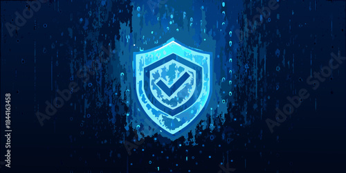 A glowing blue shield with a checkmark symbolizes security and data protection