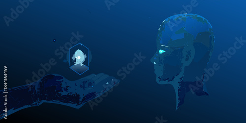 A giant head holds a glowing object with a rocket inside it