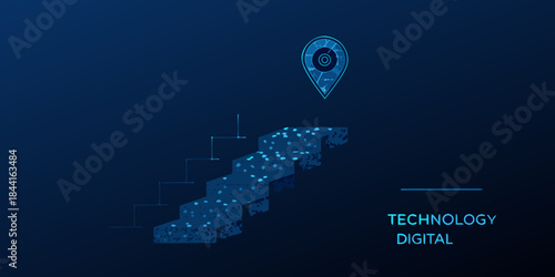 Digital technology advancement a futuristic staircase leading to a location pin