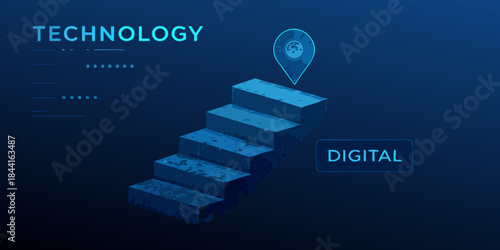 Digital technology progress isometric steps leading to a location pin