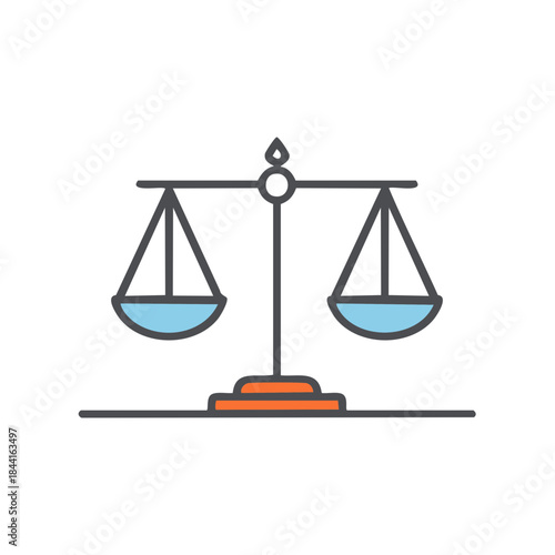 Justice scales illustration with blue bowls, balanced on a grey and orange stand