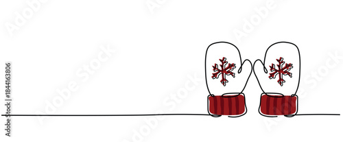 red white pair of christmas knitted hand mitten winter gloves with snowflakes isolated Vector illustration clipart symbol sign, One continuous line art drawing for Poster, banner background copyspace 