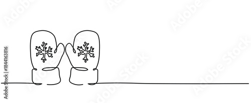 christmas hand mitten palm gloves with snowflakes isolated Vector illustration clipart symbol sign, One continuous line art drawing for Poster, banner background, outline copyspace empty space for tex