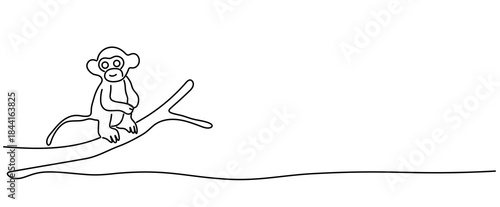 Wildlife monkey sitting on the tree branch alone isolated Vector illustration clipart symbol sign, One continuous line art drawing for Poster, banner background, outline copyspace empty blank space