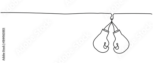 Hanging a pair of boxing boxer leather outline gloves isolated illustration clipart symbol sign, One continuous line drawing for Poster, banner, background, doodle single line art empty copyspace