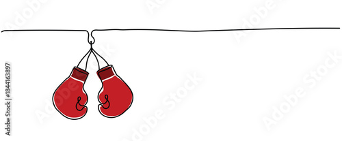 Hanging a pair of boxing boxer red leather gloves isolated illustration clipart symbol sign, One continuous line drawing for Poster, banner, background, doodle single line art empty copyspace