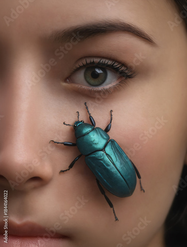 Close-Up Portrait With Teal Beetle On Cheek: Macro Beauty, Surreal Nature