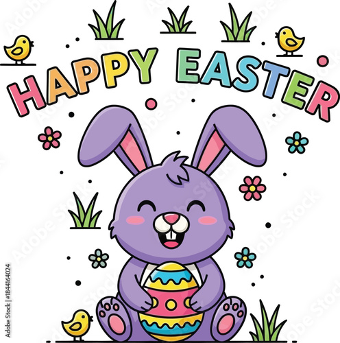 A cheerful easter bunny illustration with colorful decorations and a happy holiday message
