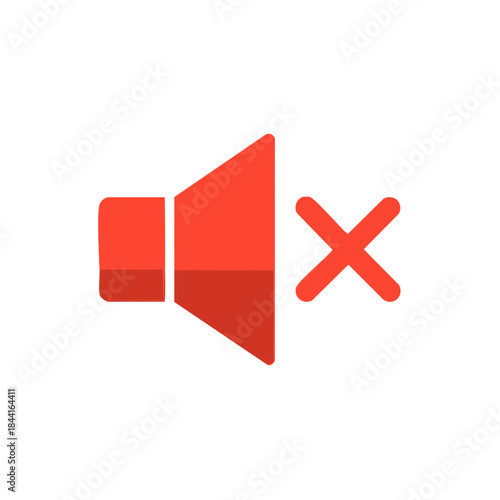 Illustration of a red speaker muted with a red cross, flat vector icon indicating silent audio, sound off, or no volume, suitable for web design and mobile app interface