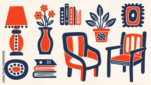 Abstract Home Interior Items in Playful Folk-Style Vector with Thick Strokes and Simple Shapes
