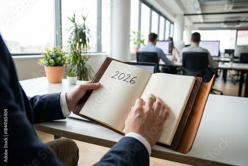 Business professional opening a planner with 2026 written on blank pages
New year 2026 planning concept for corporate strategy, goals, and future vision in modern office