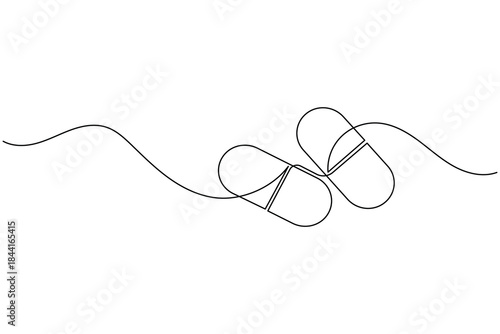 Minimalist continuous line art of two pills, representing medicine and healthcare, on a white background.