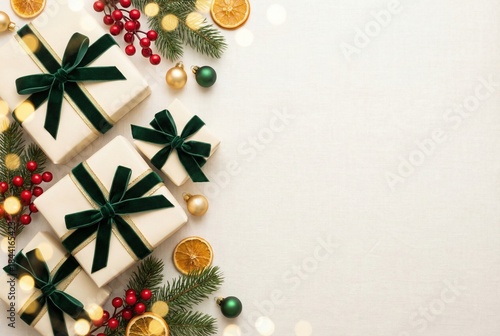 Elegant Christmas and New Year gift composition with festive decorations and copy space
Holiday background with wrapped presents, winter ornaments, and empty space for text for New Year 2026 design