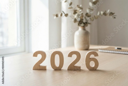 Wooden 2026 numbers on modern desk in bright minimalist office interior
New Year 2026 concept with copy space for business planning, goals, and future vision
