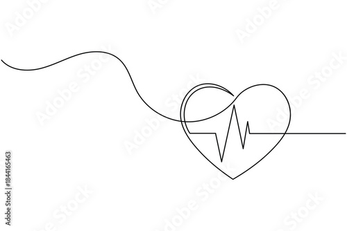 Continuous Line Drawing Heart with ECG Pulse Wave Medical Vector Illustration