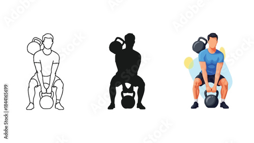 Kettlebell goblet squat exercise demonstration set outline, silhouette and color illustration for fitness training