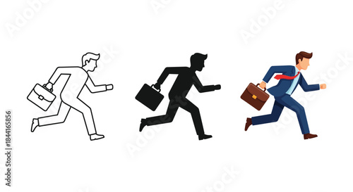 Set of three running businessman icons outline, silhouette and full color vector illustration