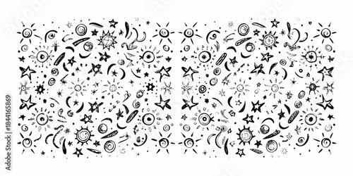 Whimsical doodle of stars suns moons and celestial patterns in black and white