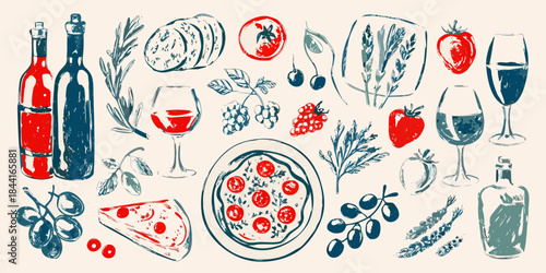 A colorful collection of italian food and drink illustrations in blue and red