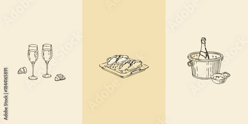 Celebratory sketch of champagne oysters and caviar on a beige background