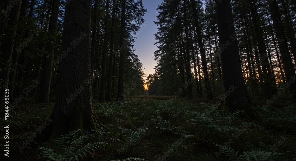 Obraz premium A sunlit path through a dense forest at twilight