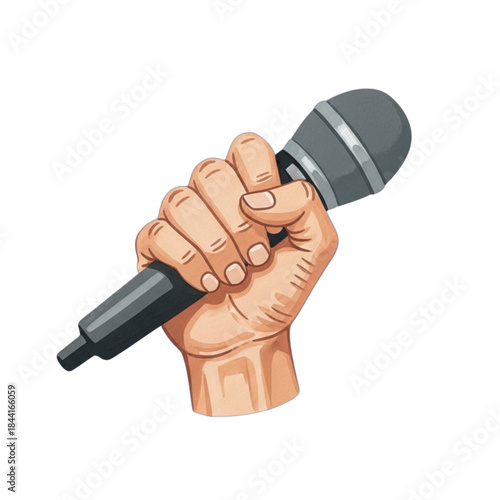 Hand holding microphone on black background.