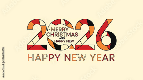 Colorful geometric '2026 Merry Christmas and Happy New Year' typography design, perfect for festive banners, greeting cards, and digital holiday promotions
