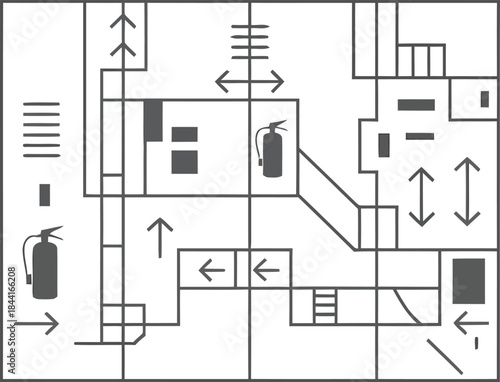 Building evacuation floor plan vector map outlining emergency routes fire extinguisher locations and stairs