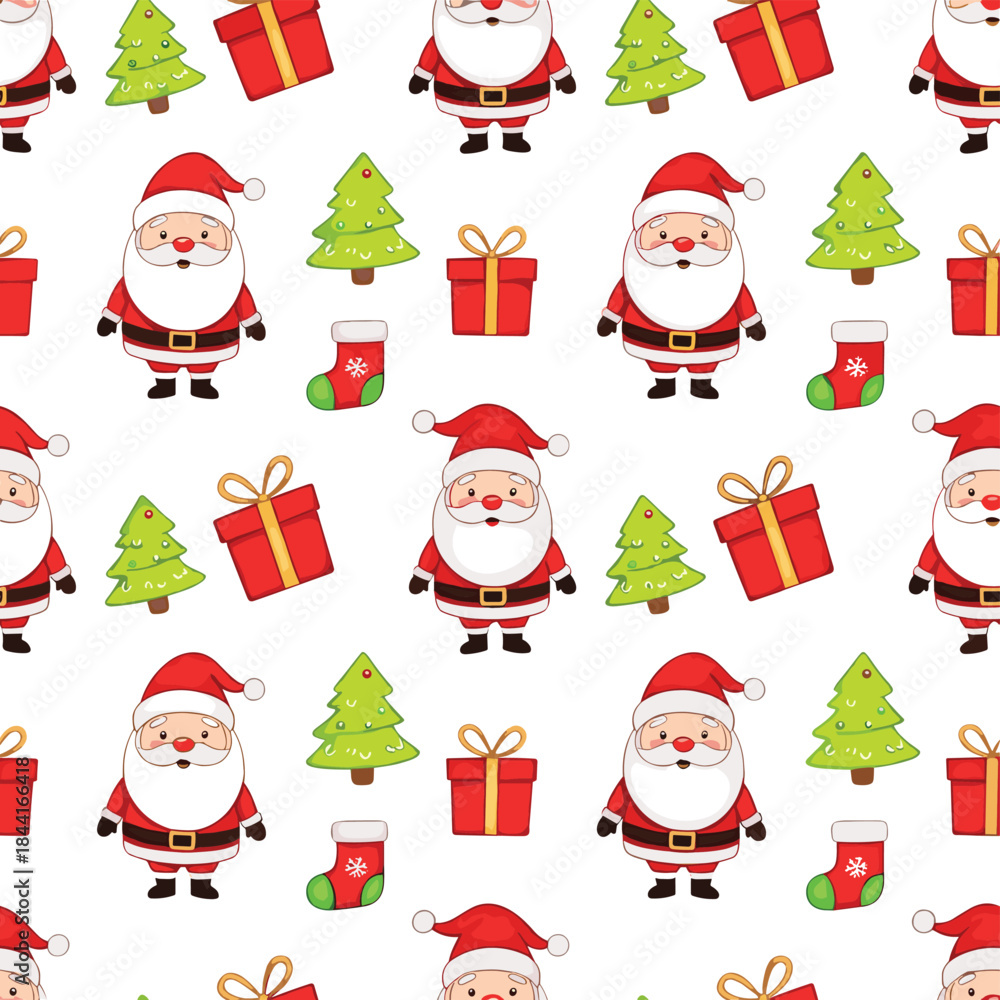 Fototapeta premium Seamless Christmas Pattern with Cute Santa Claus, Gift Boxes, Trees, and Festive Icons Vector