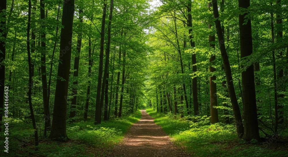 Obraz premium A sunlit path through a dense forest. Lush green trees line both sides of a narrow dirt path, leading into the distance. Sunlight filters through the canopy, creating a serene and tranquil scene