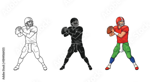 A football quarterback throwing pose set outline, silhouette and color illustration