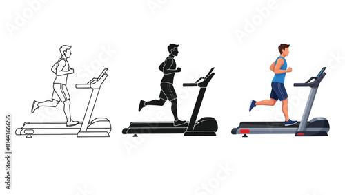Set of three illustrations showing a man running a treadmill outline, silhouette and full color vector graphic