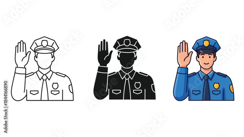 Police officer swearing oath or taking pledge with raised hand in outline, silhouette and color styles