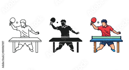 Table tennis player serving and hitting ball, set of three styles outline, silhouette and color illustration