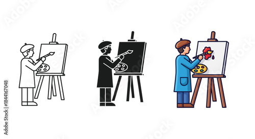 Artist painting easel set of three icons line art, silhouette, and color illustration of a painter with palette and brush creating artwork